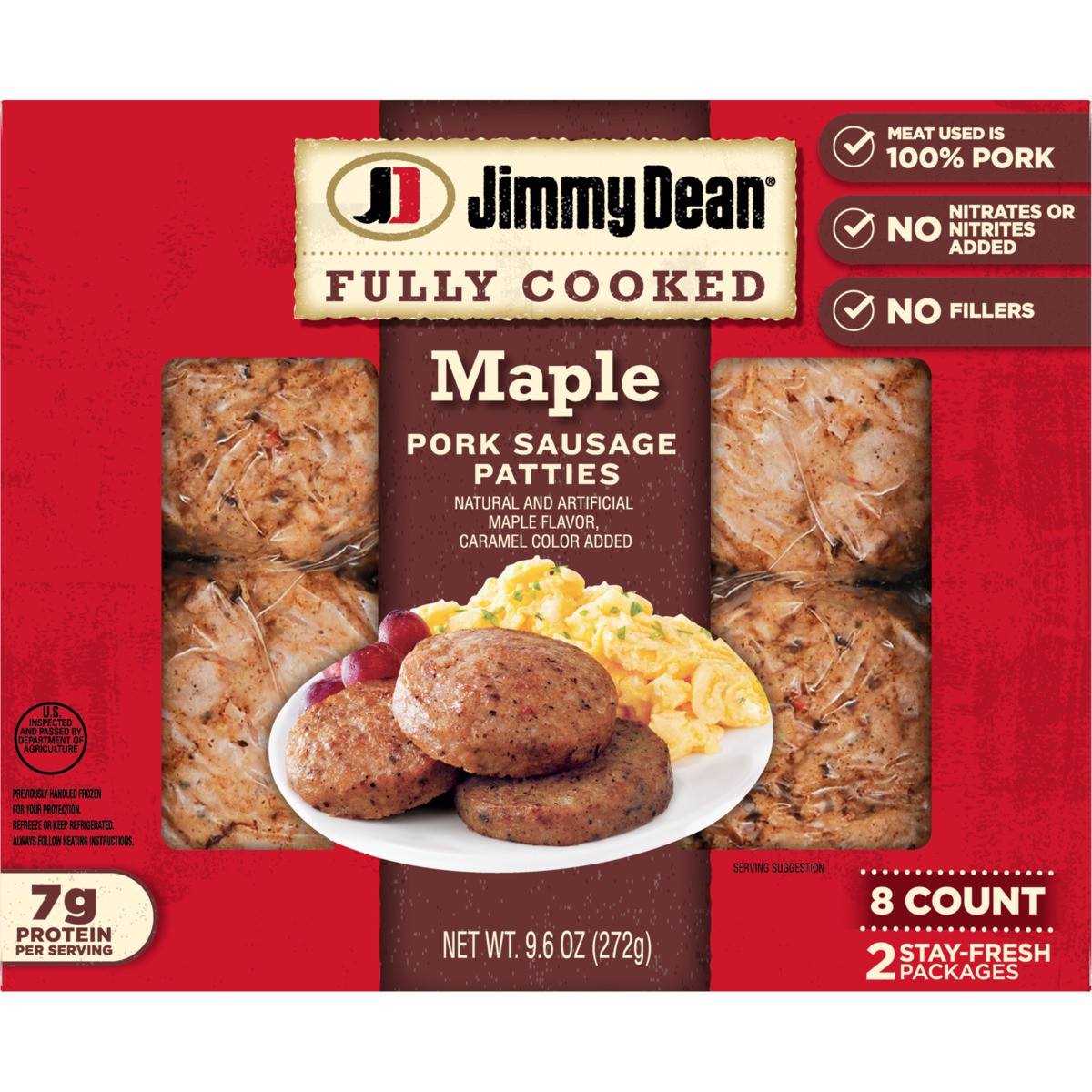 slide 1 of 3, Jimmy Dean Fully Cooked Maple Pork Breakfast Sausage Patties, 8 Count, 9.6 oz