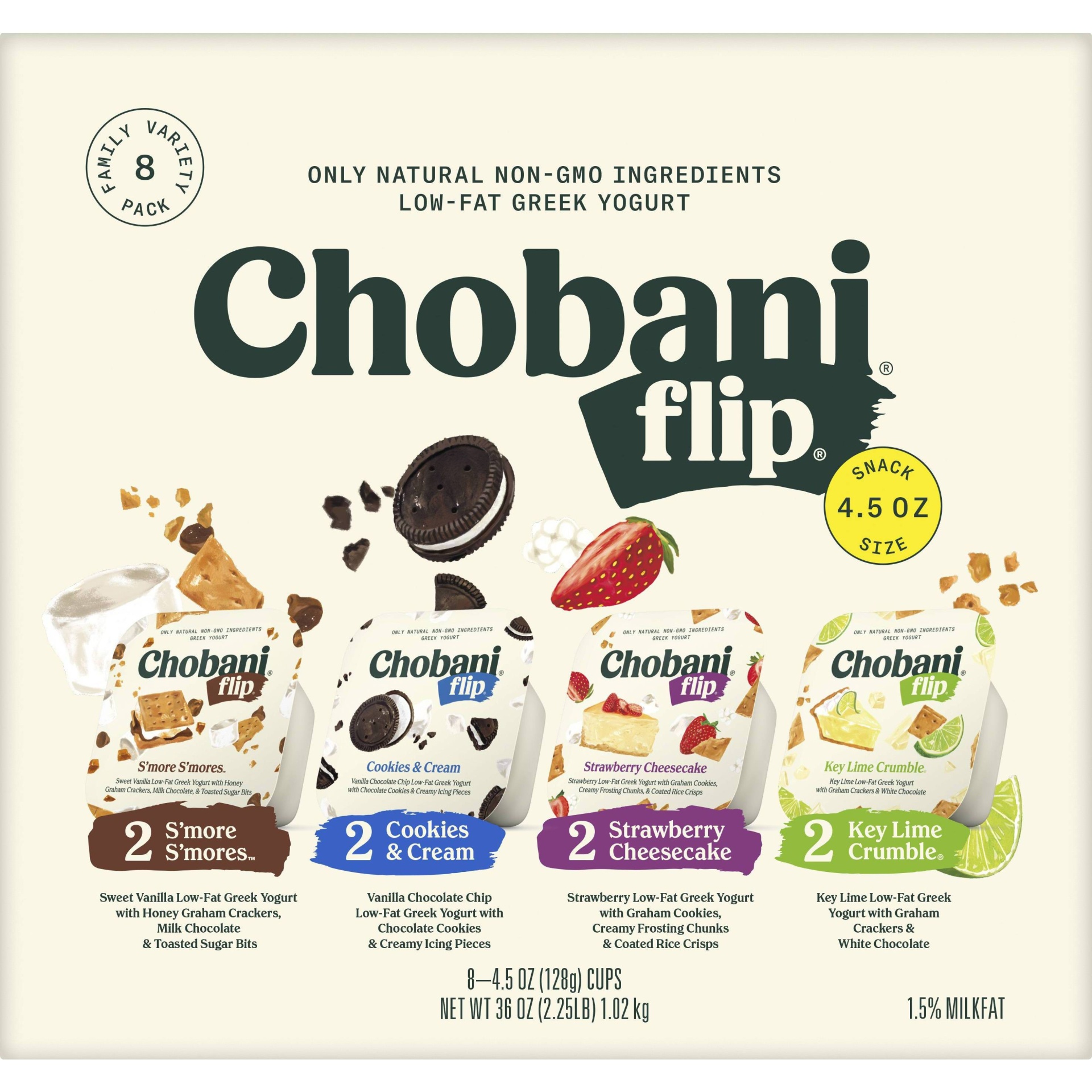 slide 1 of 1, Chobani Flip Lowfat Greek Yogurt Family Variety Pack, 8 ct; 4.5 oz