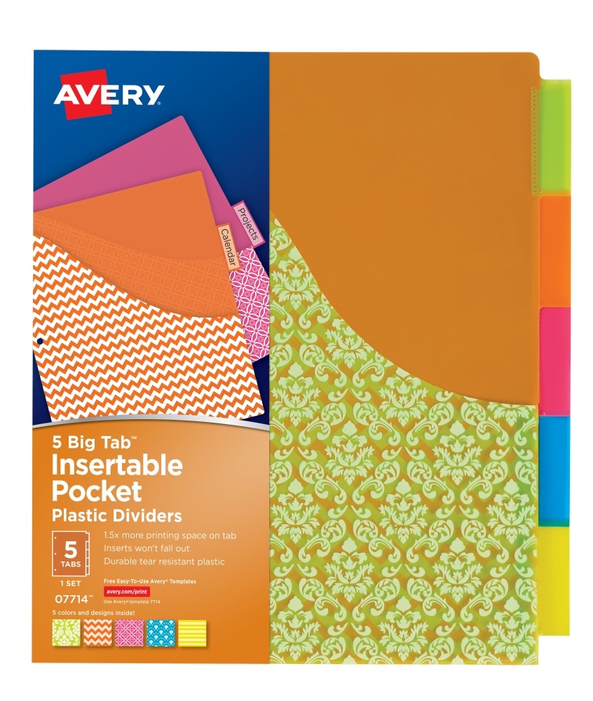 slide 1 of 1, Avery Big Tab Insertable Plastic Dividers With Pocket - Multi-Color - 5 Pack, 5 ct