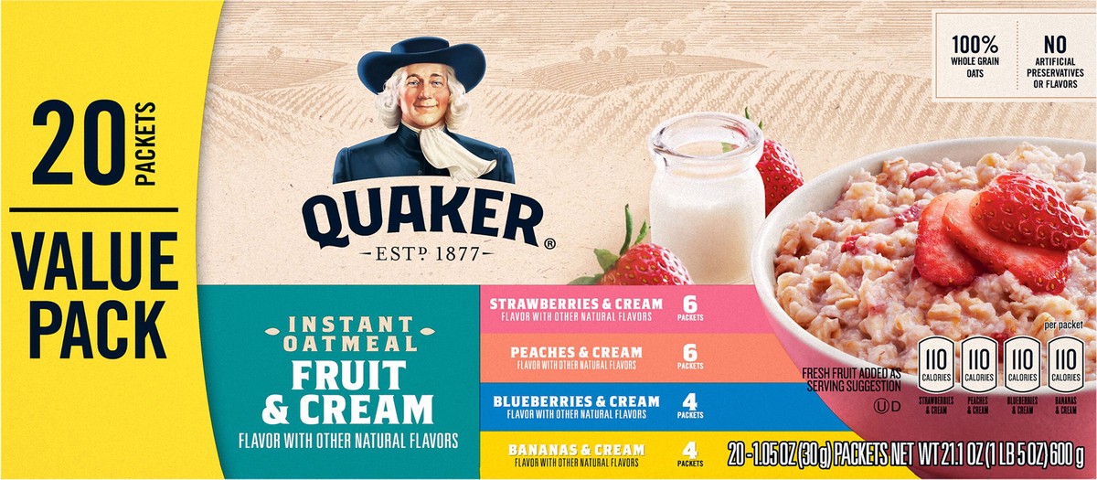 slide 4 of 11, Quaker Instant Oatmeal Fruit & Cream Variety 1.05 Oz 20 Count, 20 ct
