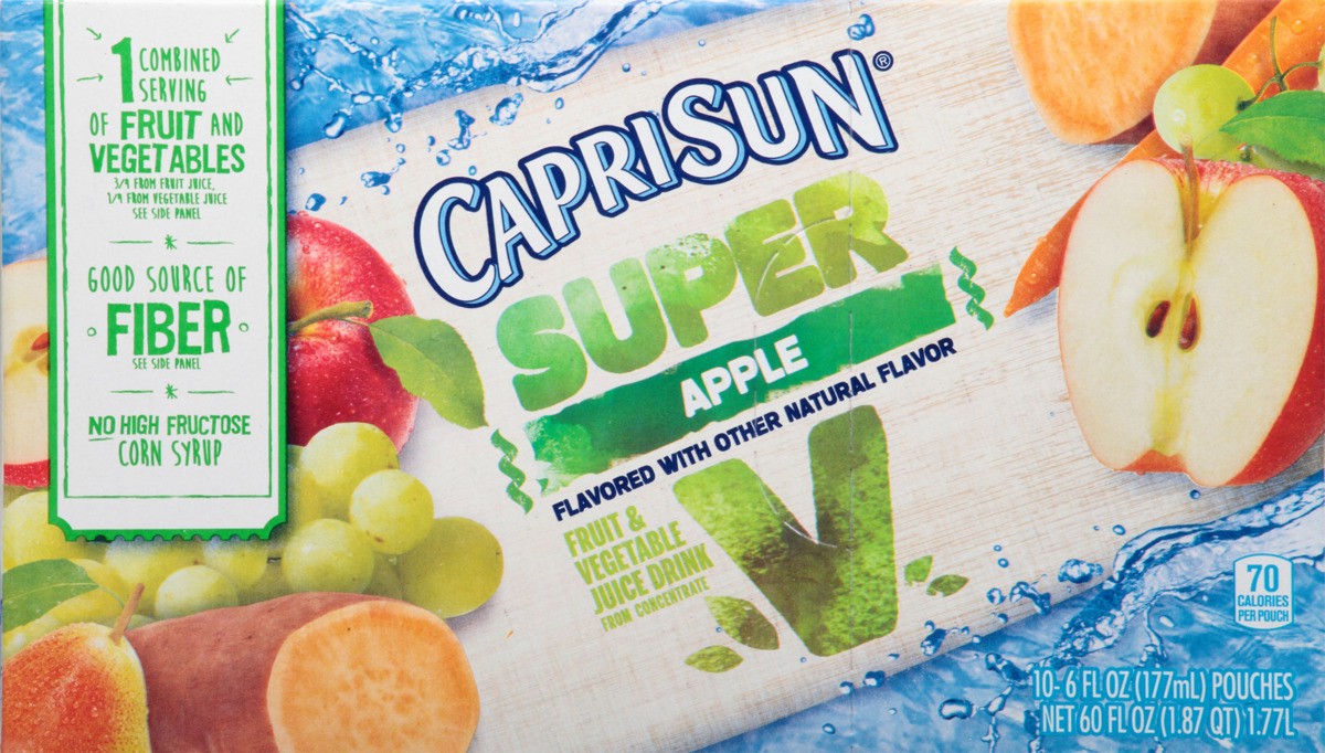 slide 4 of 8, Capri Sun Super V Apple Fruit & Vegetable Juice Drink 10 - 6 fl oz Pouches, 60 fl oz