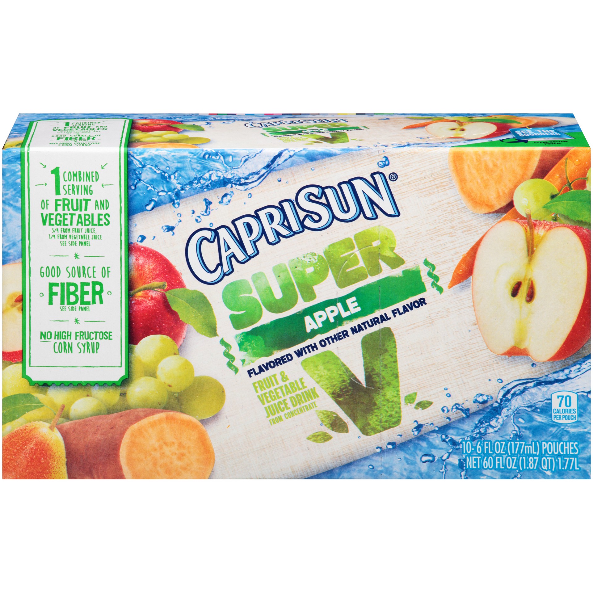 slide 1 of 8, Capri Sun Super V Apple Fruit & Vegetable Juice Drink 10 - 6 fl oz Pouches, 60 fl oz