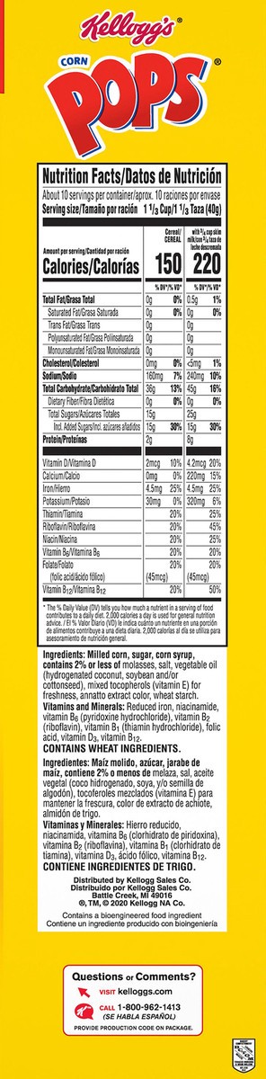 slide 7 of 8, Corn Pops Kellogg's Corn Pops Breakfast Cereal, 8 Vitamins and Minerals, Kids Snacks, Large Size, Original, 14.6oz Box, 1 Box, 14.6 oz