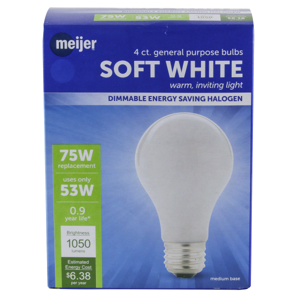 slide 1 of 5, Meijer 53W Energy Saving Halogen Bulb, Soft White, 4 ct