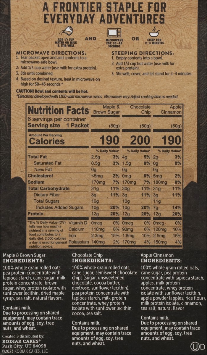 slide 8 of 13, Kodiak Cakes Oatmeal Packets, Variety Pack, MBS, Chocolate Chip, Apple Cinnamon, 6ct, 6 ct