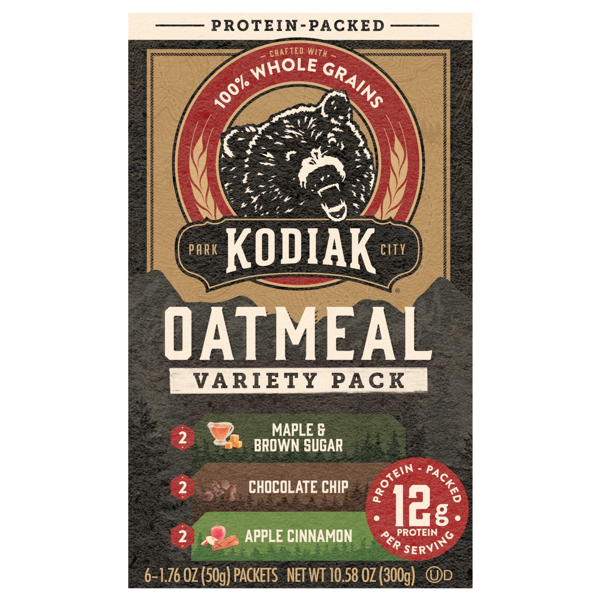 slide 1 of 13, Kodiak Cakes Oatmeal Packets, Variety Pack, MBS, Chocolate Chip, Apple Cinnamon, 6ct, 6 ct