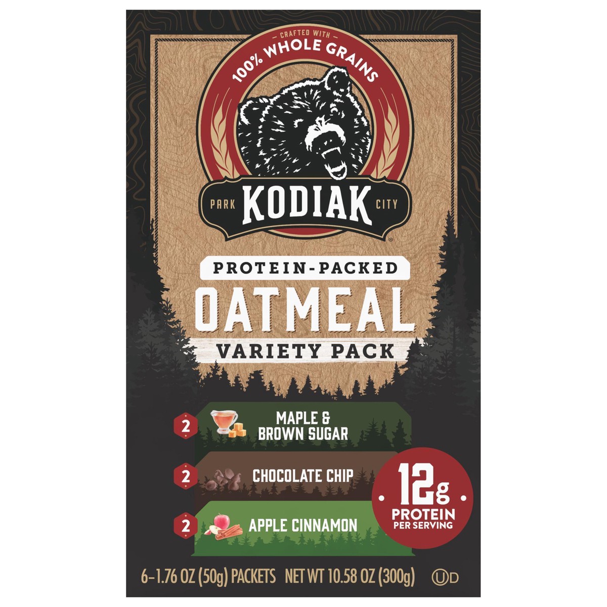 slide 1 of 13, Kodiak Cakes Oatmeal Packets, Variety Pack, MBS, Chocolate Chip, Apple Cinnamon, 6ct, 6 ct