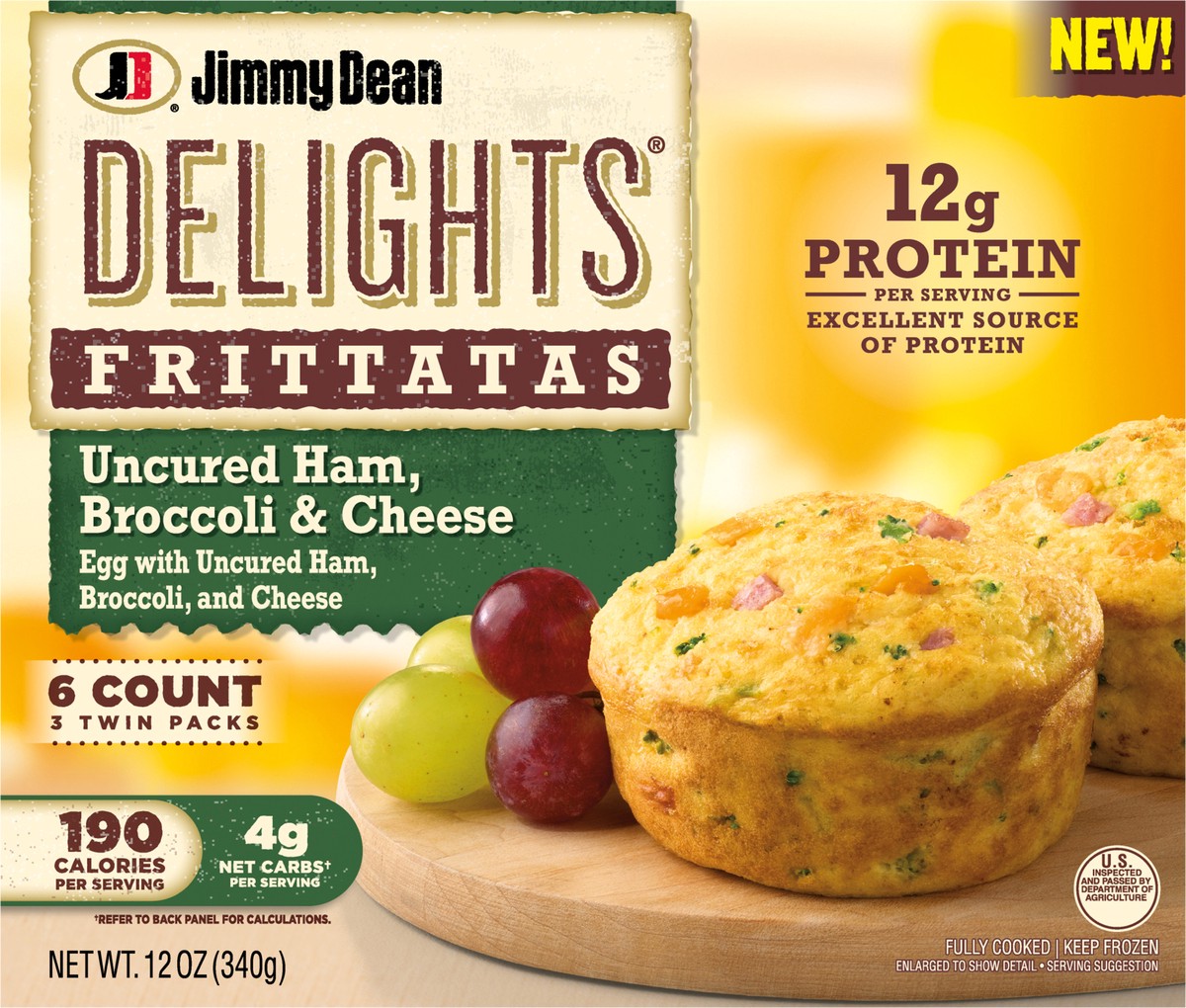 slide 5 of 14, Jimmy DeanDelights Ham, Broccoli & Cheese Frittatas, 6 ct, 12 oz Box, 340.19 g