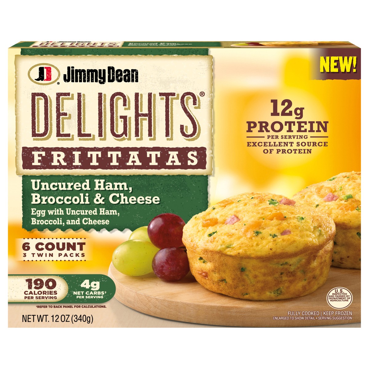 slide 3 of 14, Jimmy DeanDelights Ham, Broccoli & Cheese Frittatas, 6 ct, 12 oz Box, 340.19 g