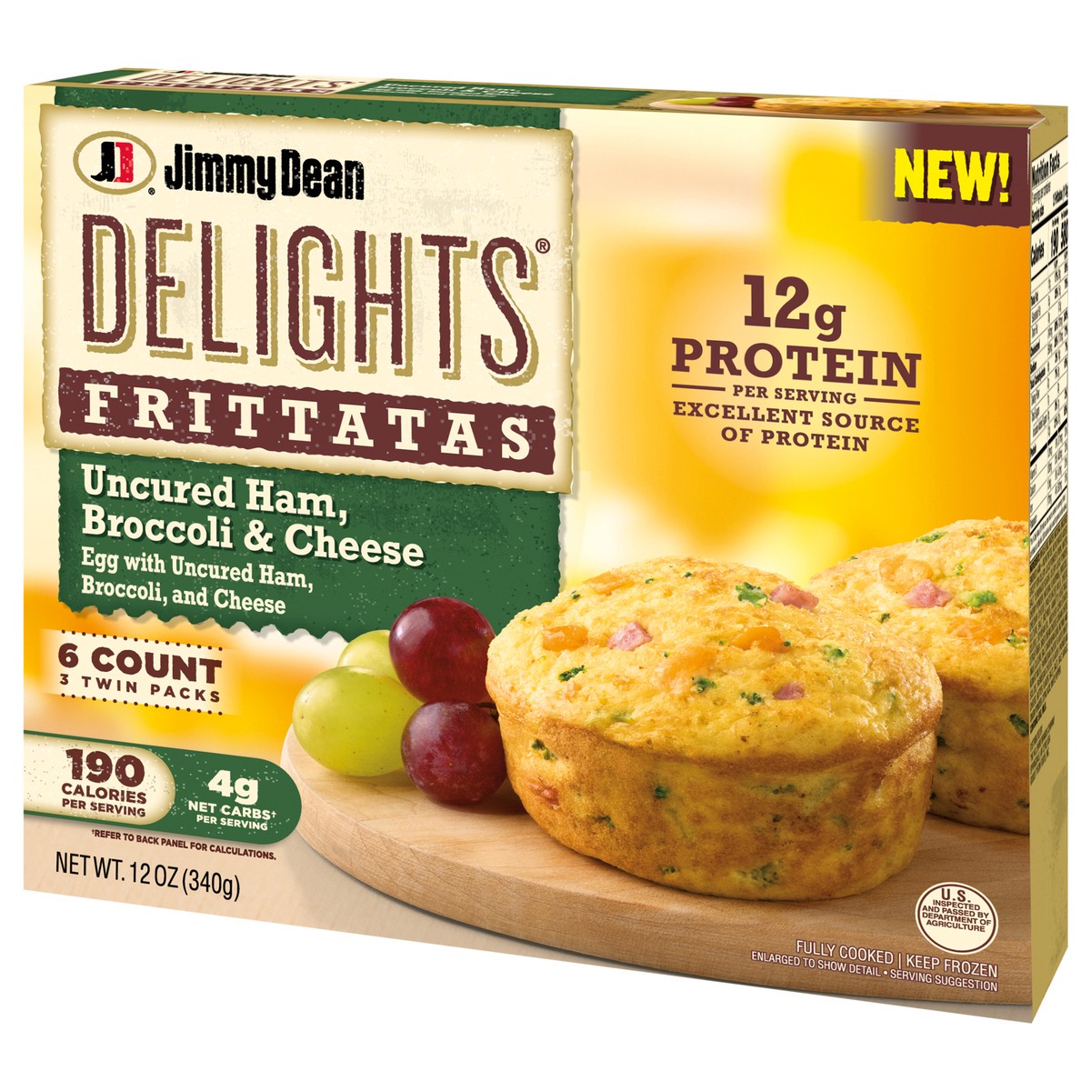 slide 10 of 14, Jimmy DeanDelights Ham, Broccoli & Cheese Frittatas, 6 ct, 12 oz Box, 340.19 g