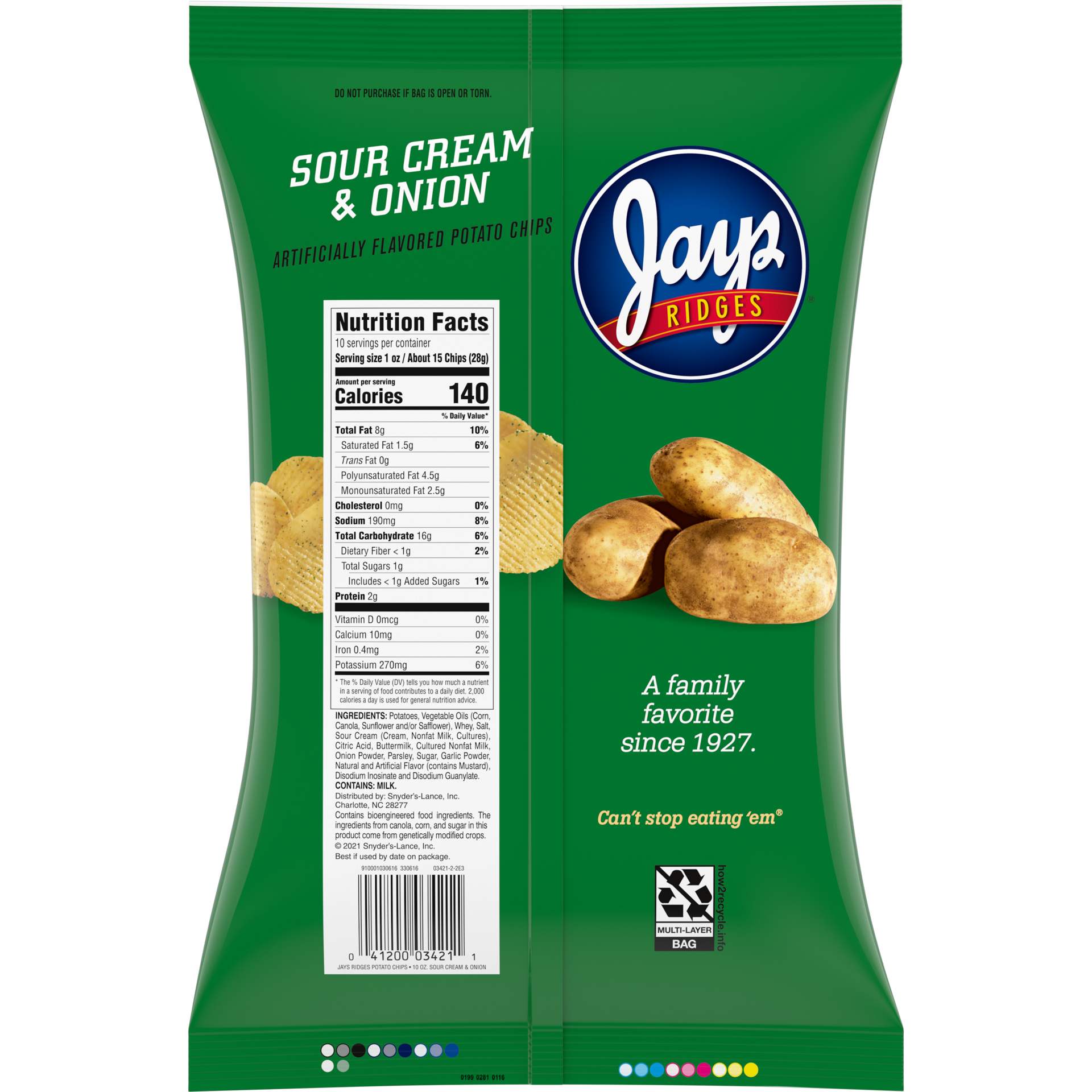slide 5 of 5, Jays Potato Chips, Sour Cream and Onion Ridges, 10 Oz Bag, 10 oz