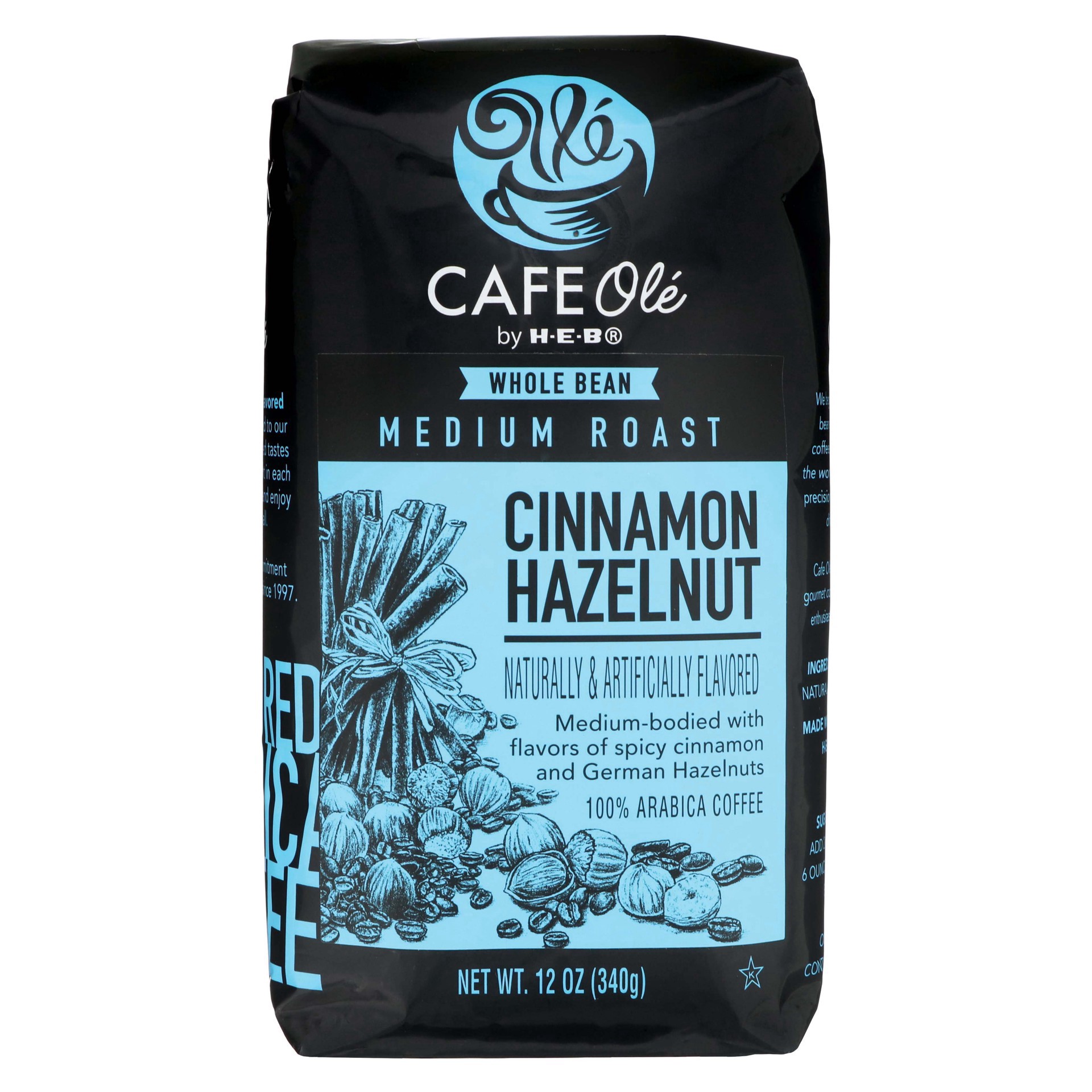 slide 1 of 1, H-E-B Cafe Ole Whole Bean Cinnamon Hazelnut Medium Roast Coffee - 12 oz, 12 oz