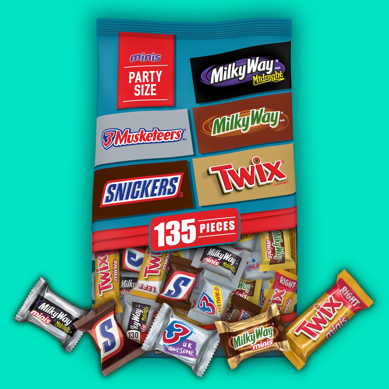 slide 2 of 8, Mixed SNICKERS, TWIX, MILKY WAY & 3 MUSKETEERS Variety Pack Chocolate Candy Bar Assortment, 135 Piece Bag, 40 oz