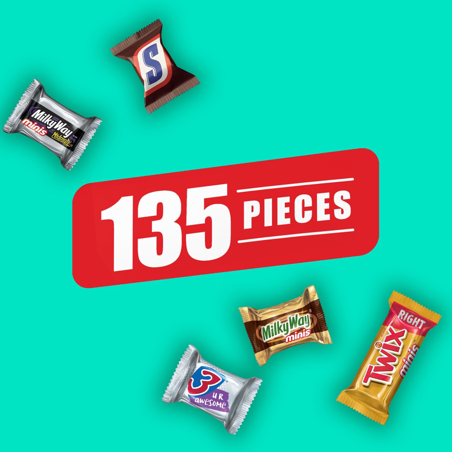 slide 8 of 8, Mixed SNICKERS, TWIX, MILKY WAY & 3 MUSKETEERS Variety Pack Chocolate Candy Bar Assortment, 125 Piece Bag, 40 oz