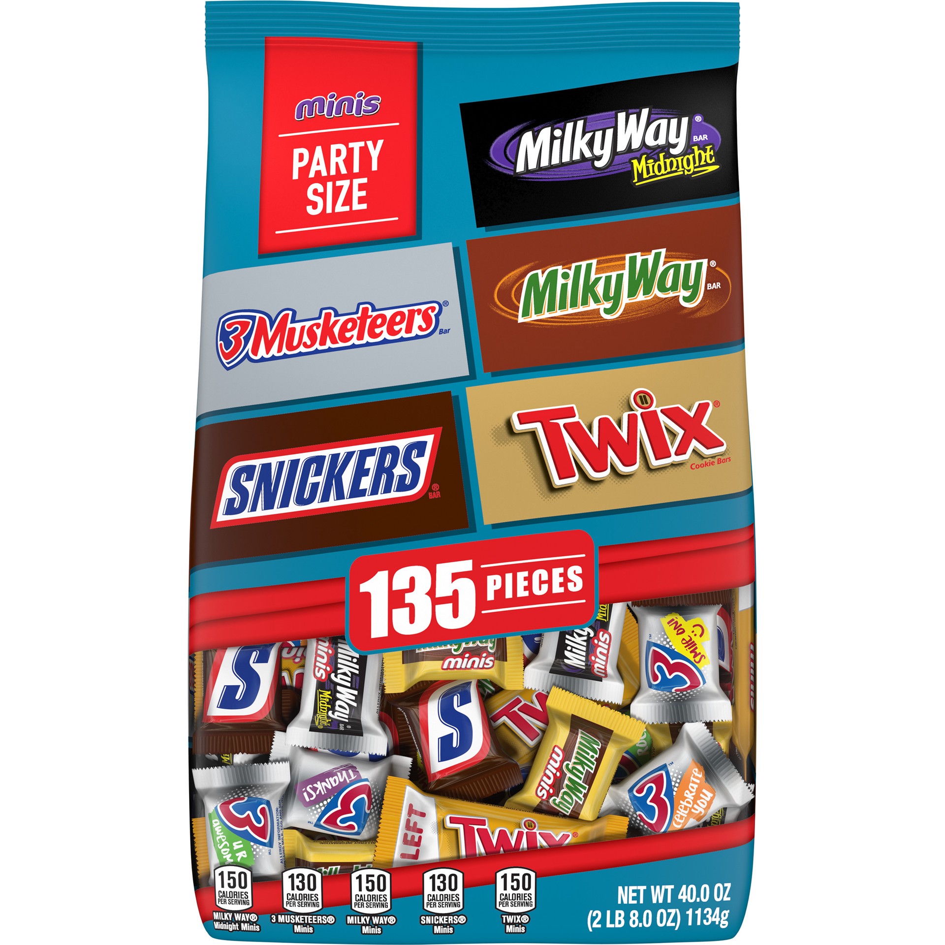 slide 1 of 8, Mixed SNICKERS, TWIX, MILKY WAY & 3 MUSKETEERS Variety Pack Chocolate Candy Bar Assortment, 125 Piece Bag, 40 oz