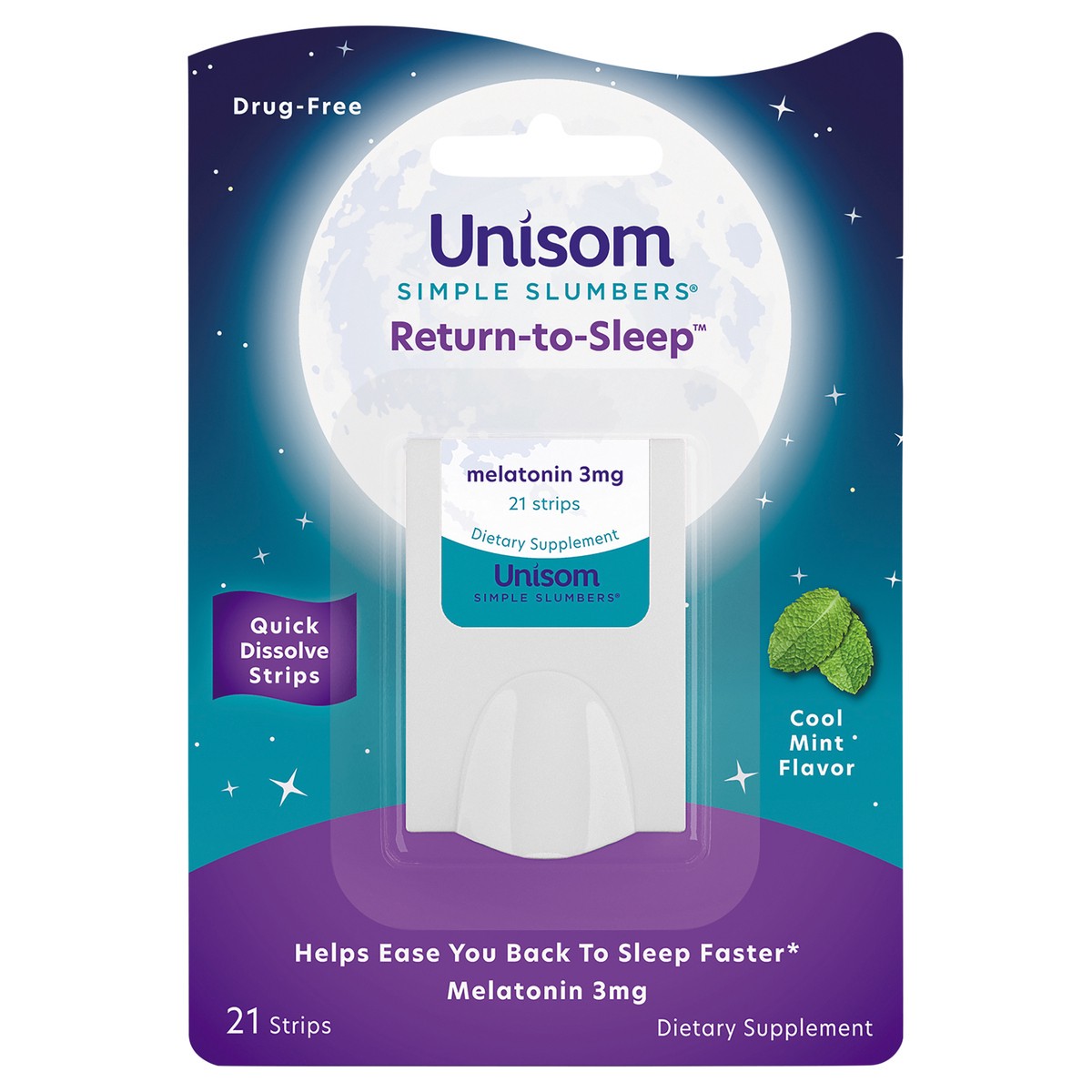 slide 1 of 8, Unisom Simple Slumbers Return-to-Sleep Dissolving Strips 21-Count, Melatonin 3mg, Cool Mint, 21 ct