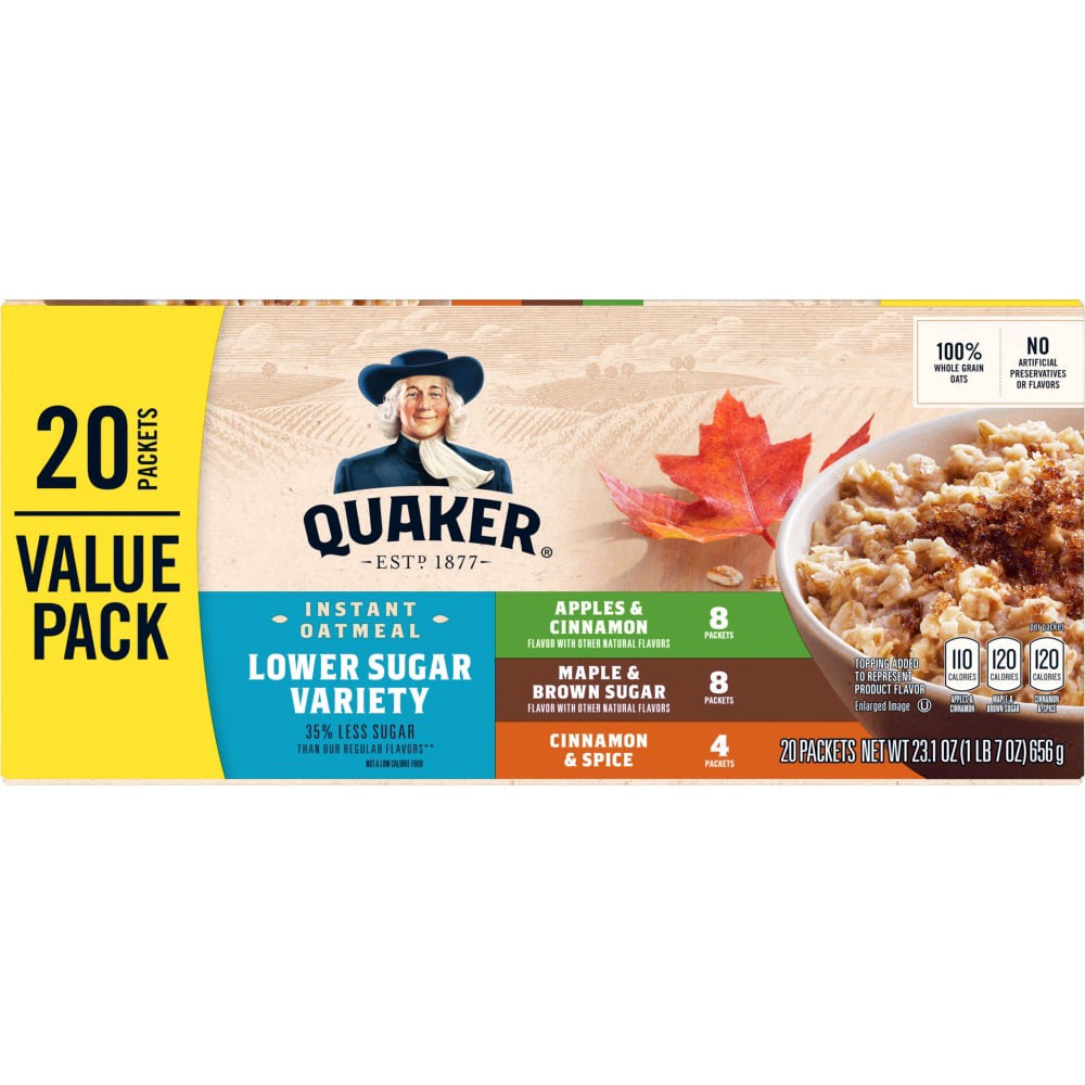 slide 3 of 4, Quaker Oatmeal, Instant, Lower Sugar Variety, Apples & Cinnamon/Maple & Brown Sugar/Cinnamon & Spice - 20 ct, 20 ct
