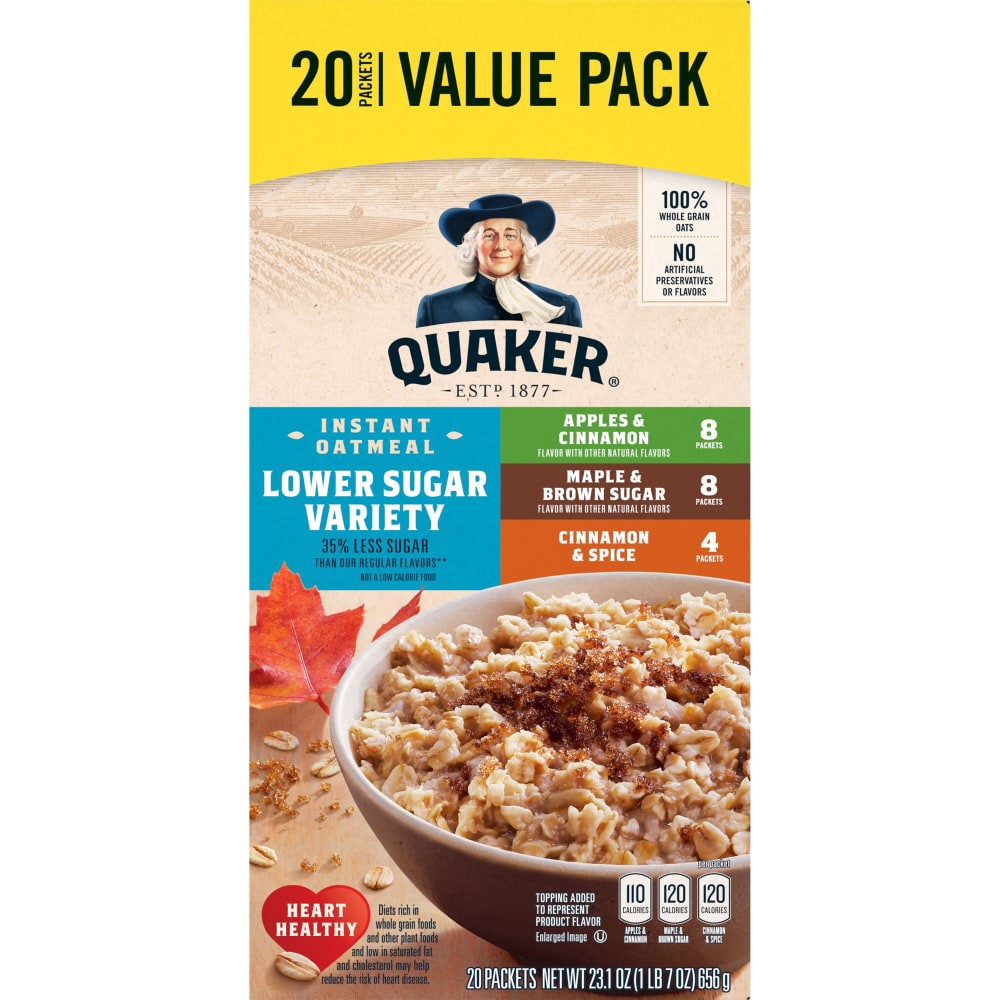 slide 4 of 4, Quaker Oatmeal, Instant, Lower Sugar Variety, Apples & Cinnamon/Maple & Brown Sugar/Cinnamon & Spice - 20 ct, 20 ct