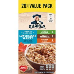 Quaker Oatmeal, Instant, Lower Sugar Variety, Apples & Cinnamon/Maple & Brown Sugar/Cinnamon & Spice - 20 ct
