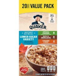 Quaker Oatmeal, Instant, Lower Sugar Variety, Apples & Cinnamon/Maple & Brown Sugar/Cinnamon & Spice - 20 ct