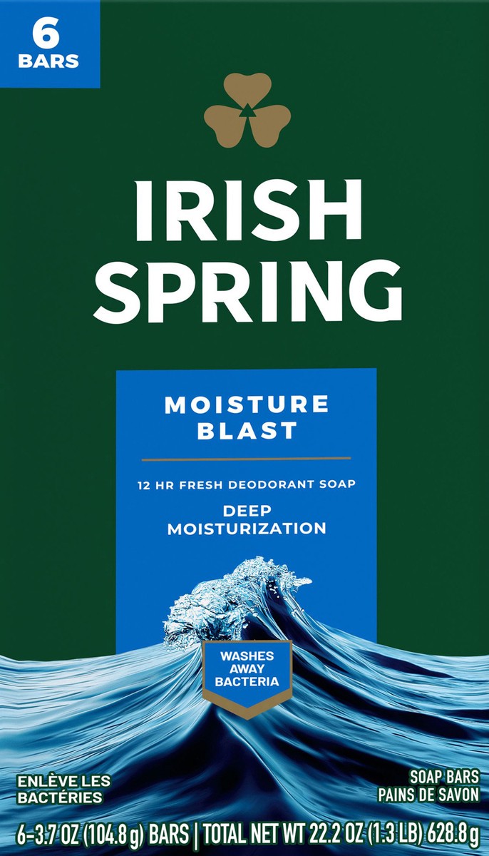 slide 4 of 7, Irish Spring Bar Soap for Men, Moisture Blast Deodorant Bar Soap, 3.7 Oz, 6 Pack, 22.2 oz