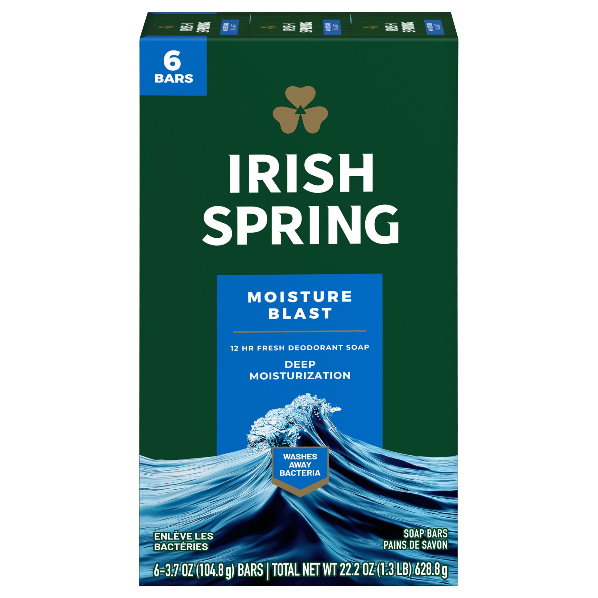 slide 1 of 7, Irish Spring Bar Soap for Men, Moisture Blast Deodorant Bar Soap, 3.7 Oz, 6 Pack, 22.2 oz