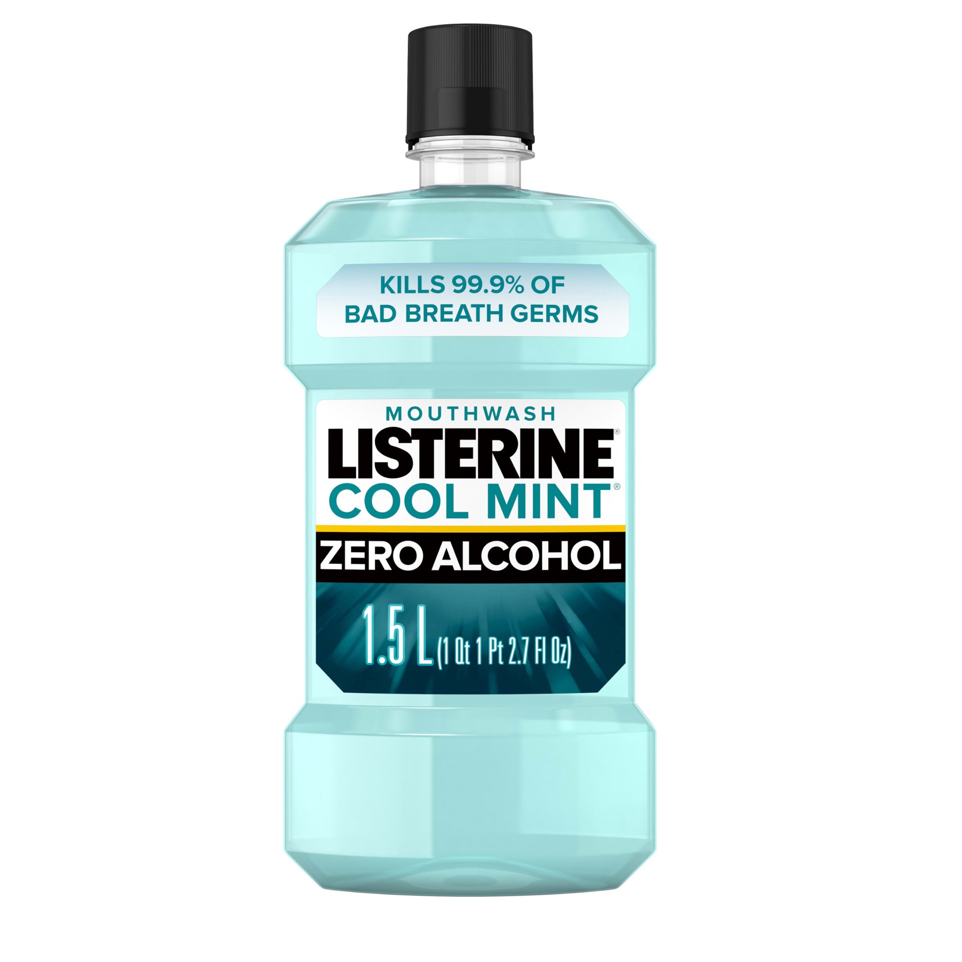 slide 1 of 5, Listerine Zero Alcohol Mouthwash, Alcohol-Free Oral Rinse to Kill 99% of Germs that Cause Bad Breath for Fresh Breath & Clean Mouth, Less Intense Taste, Cool Mint Flavor, 1.5 L, 1.50 liter