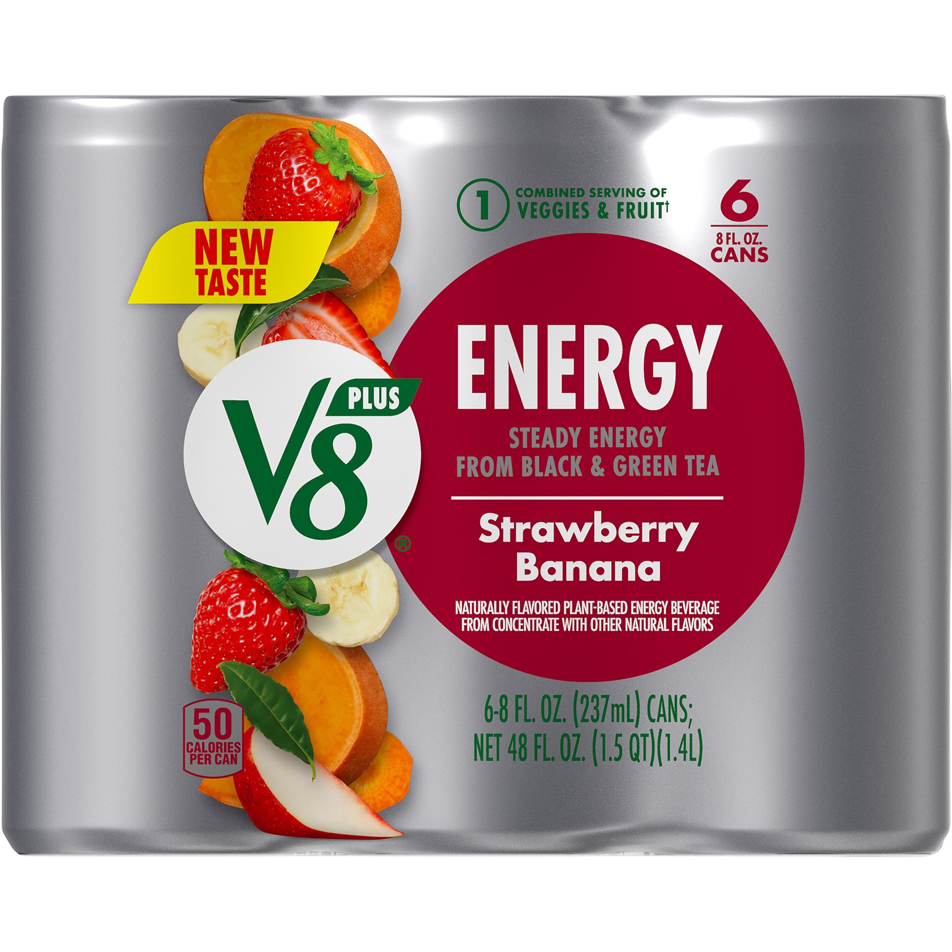slide 5 of 5, V8 +Energy Strawberry Banana Juice Energy Drink, 8 fl oz Can (6 Pack), 48 oz