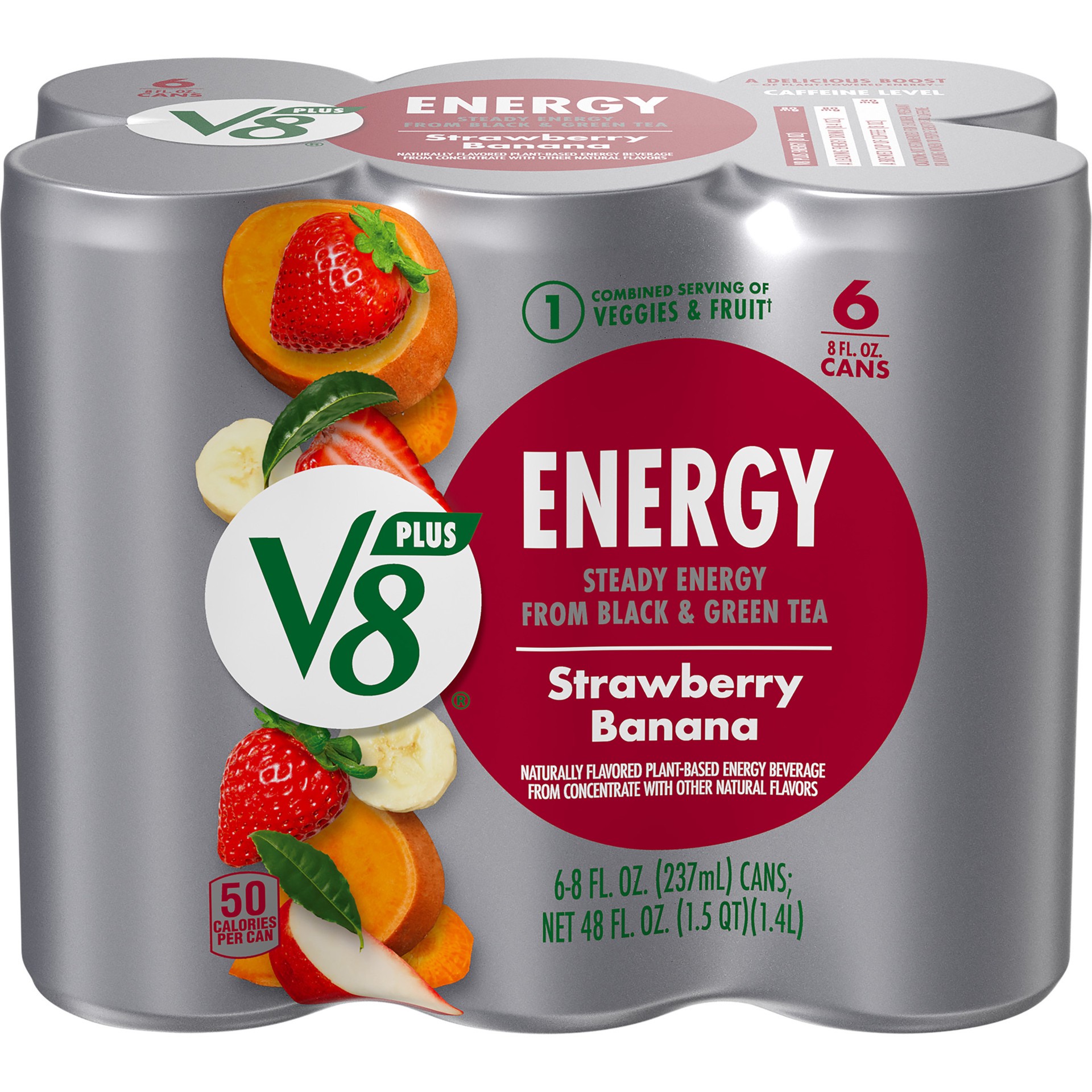slide 1 of 5, V8 +Energy Strawberry Banana Juice Energy Drink, 8 fl oz Can (6 Pack), 48 oz