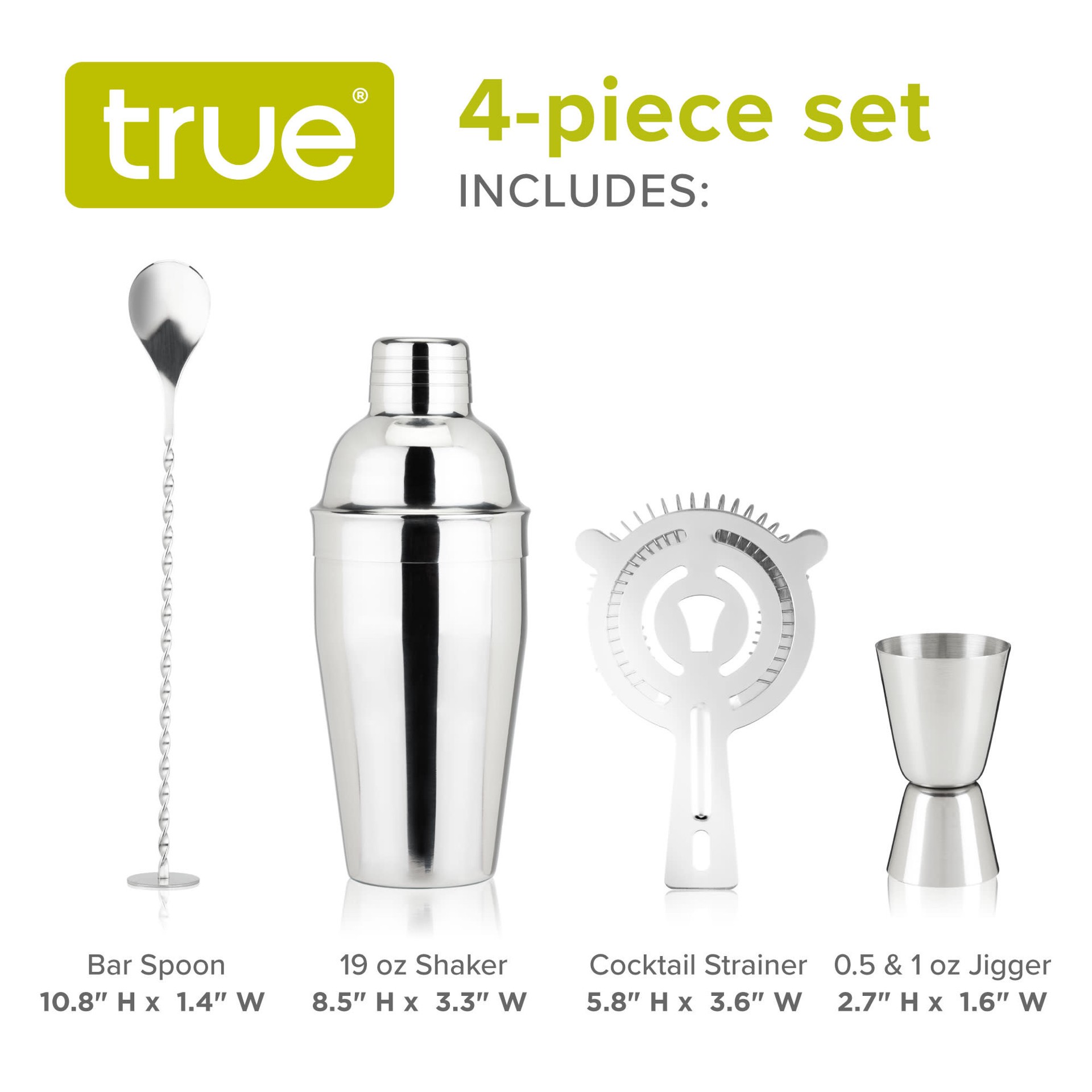 slide 5 of 5, True Fortify Barware Set, Cobbler Shaker, Jigger, Muddler, Bar Spoon Stick, Hawthorne Strainer, 4 ct