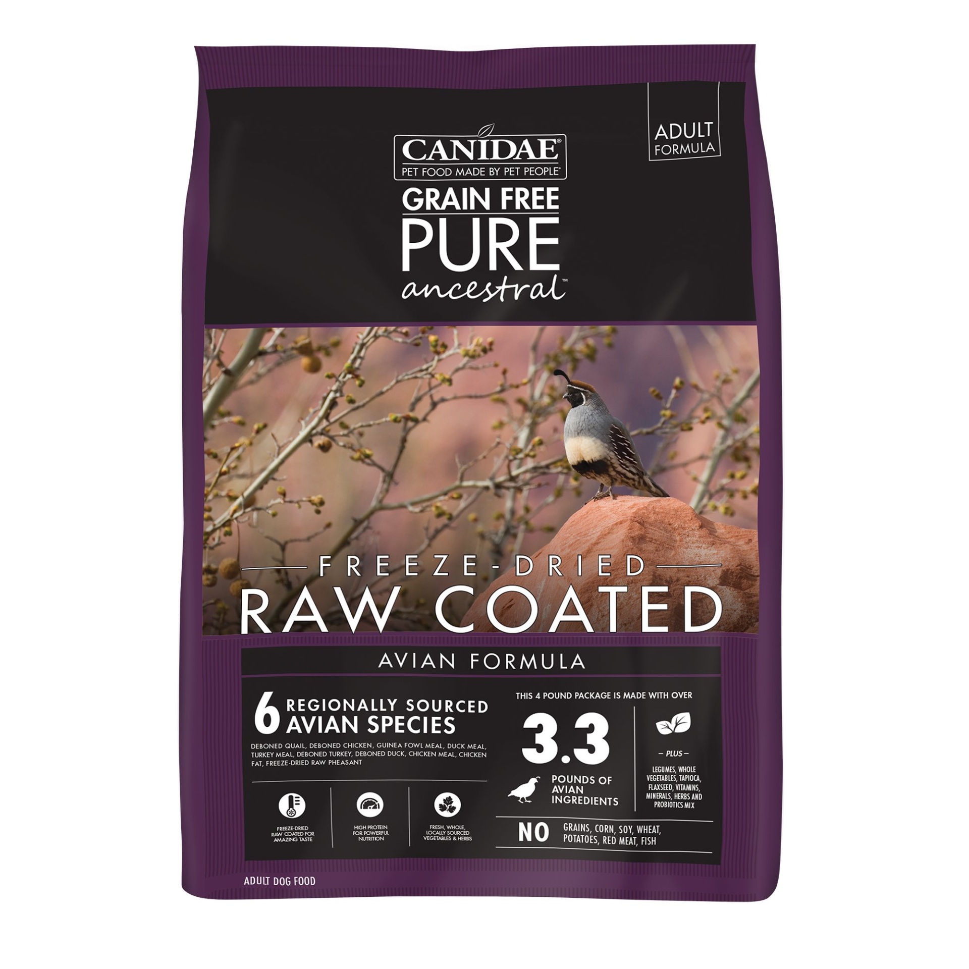 slide 1 of 1, CANIDAE Grain Free PURE Ancestral Diet Dog Dry Raw Coated Avian Formula with Quail, Chicken, & Turkey, 4 lb