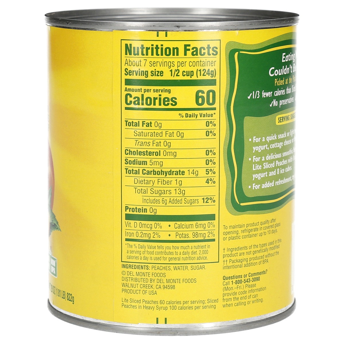 slide 2 of 2, Del Monte Lite Sliced Yellow Cling Peaches in Extra Light Syrup, 29 oz Can, 29 oz