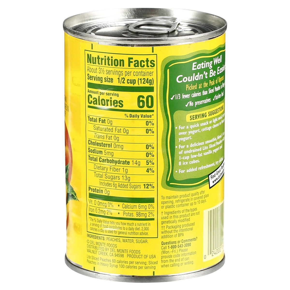 slide 2 of 2, Del Monte Lite Yellow Cling Sliced Peaches in Extra Light Syrup, 15 oz Can, 15 oz