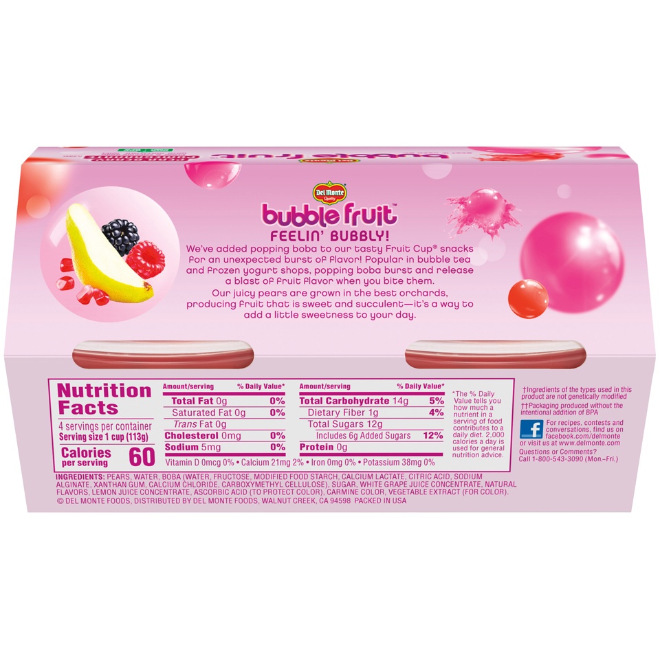 slide 4 of 5, Del Monte Bubble Fruit Pear Berry Pomegrantae Pears Popping Boba In Sweetened Juice Cups 4 Count, 16 oz