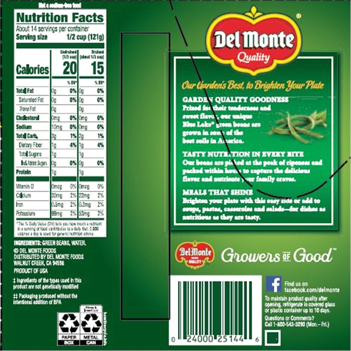 slide 2 of 2, Del Monte Cut Green Beans No Salt Added Value Pack /, 4 ct; 14.5 oz