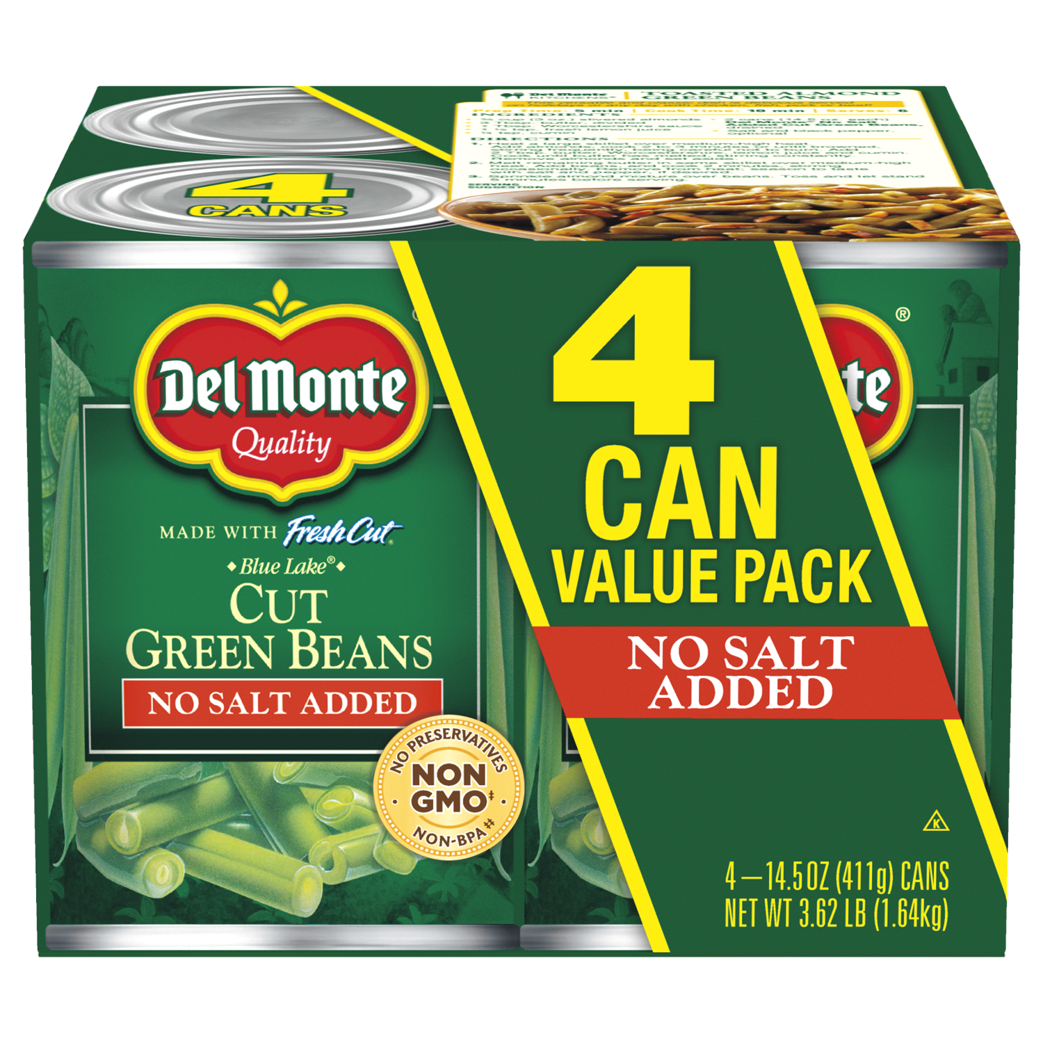 slide 1 of 2, Del Monte Cut Green Beans No Salt Added Value Pack /, 4 ct; 14.5 oz