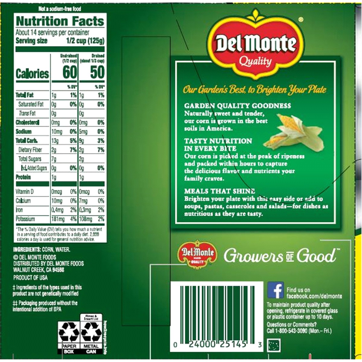slide 2 of 2, Del Monte Whole Kernel Corn No Salt Added Value Pack /, 4 ct; 15.25 oz