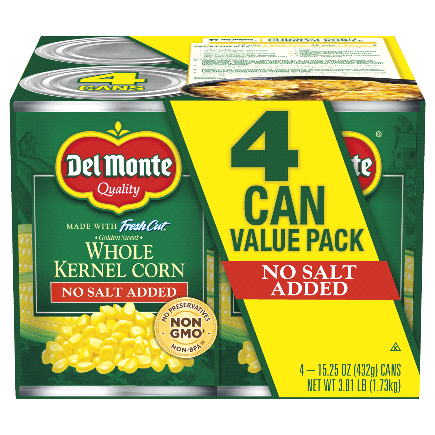 slide 1 of 2, Del Monte Whole Kernel Corn No Salt Added Value Pack /, 4 ct; 15.25 oz