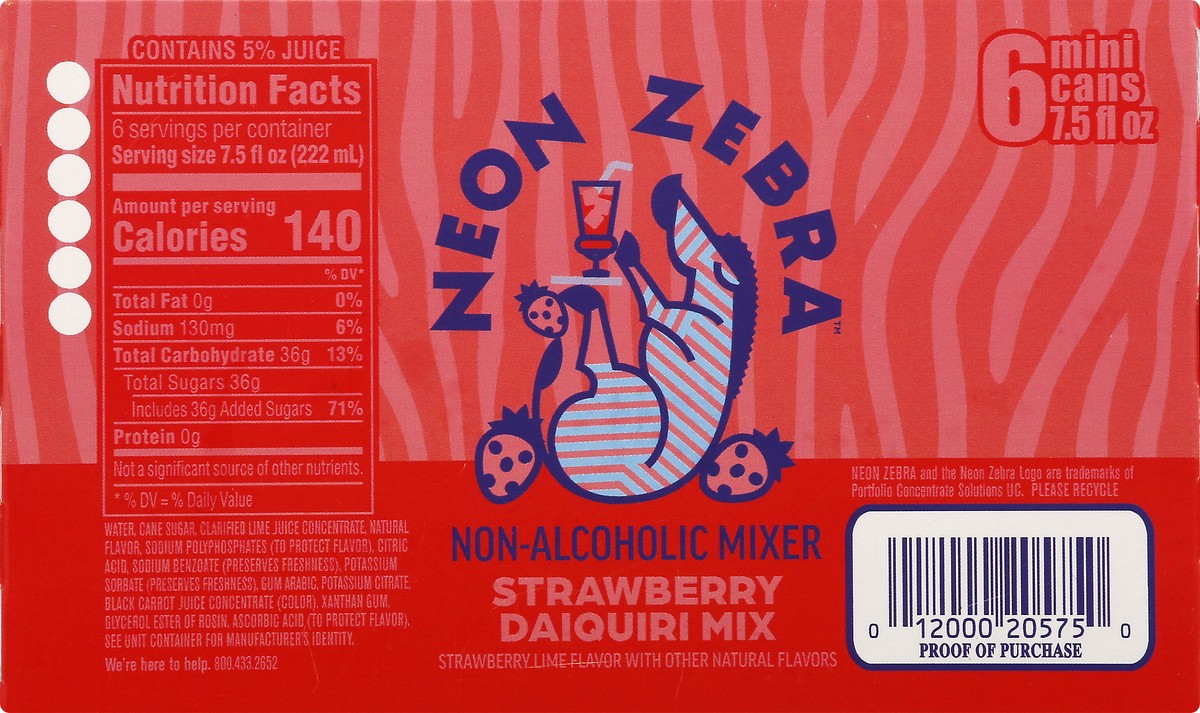 slide 9 of 10, Neon Zebra Strawberry Daiquiri Mix Strawberry Lime - 45 oz, 6 ct; 7.5 oz