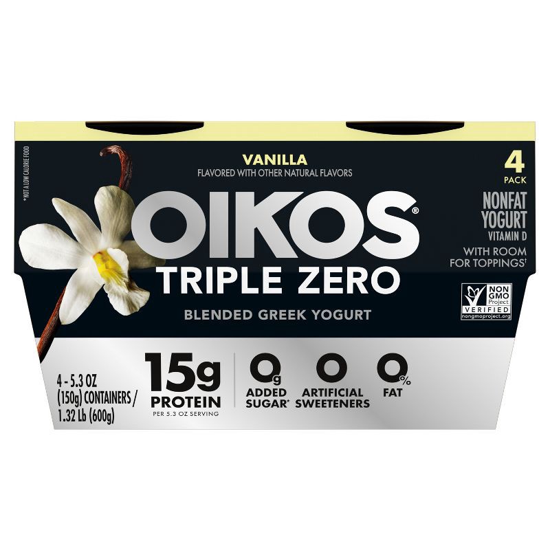 slide 8 of 16, Oikos Triple Zero Vanilla Greek Yogurt - 4ct/5.3oz Cups, 4 ct; 5.3 oz