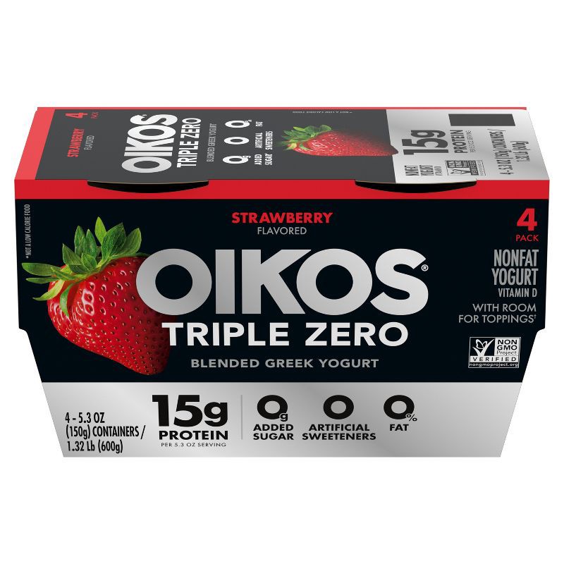 slide 2 of 11, Oikos Triple Zero Strawberry Greek Yogurt - 4ct/5.3oz Cups, 4 ct; 5.3 oz