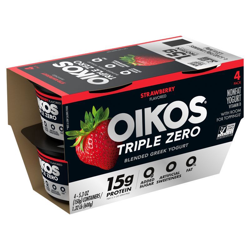 slide 3 of 11, Oikos Triple Zero Strawberry Greek Yogurt - 4ct/5.3oz Cups, 4 ct; 5.3 oz