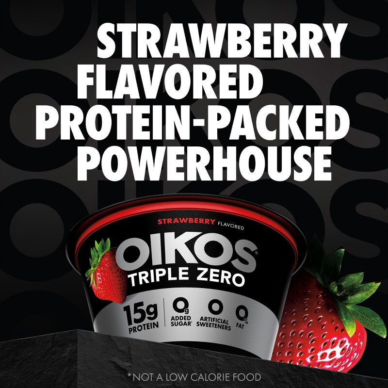 slide 3 of 13, Oikos Triple Zero Strawberry Greek Yogurt - 15g Protein 4ct/5.3oz Cups, 15 gram, 4 ct, 5.3 oz