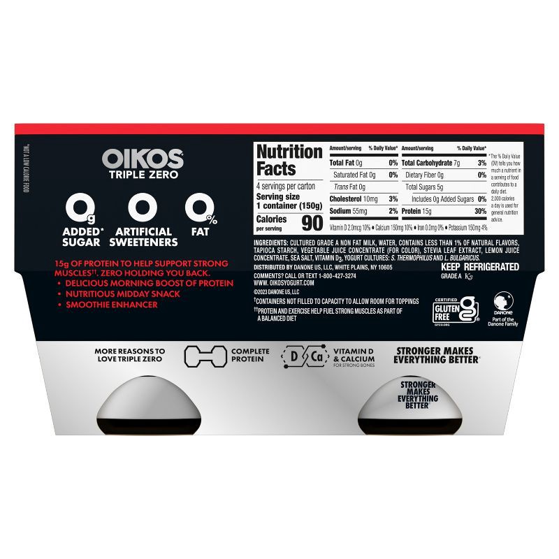 slide 12 of 13, Oikos Triple Zero Strawberry Greek Yogurt - 15g Protein 4ct/5.3oz Cups, 15 gram, 4 ct, 5.3 oz