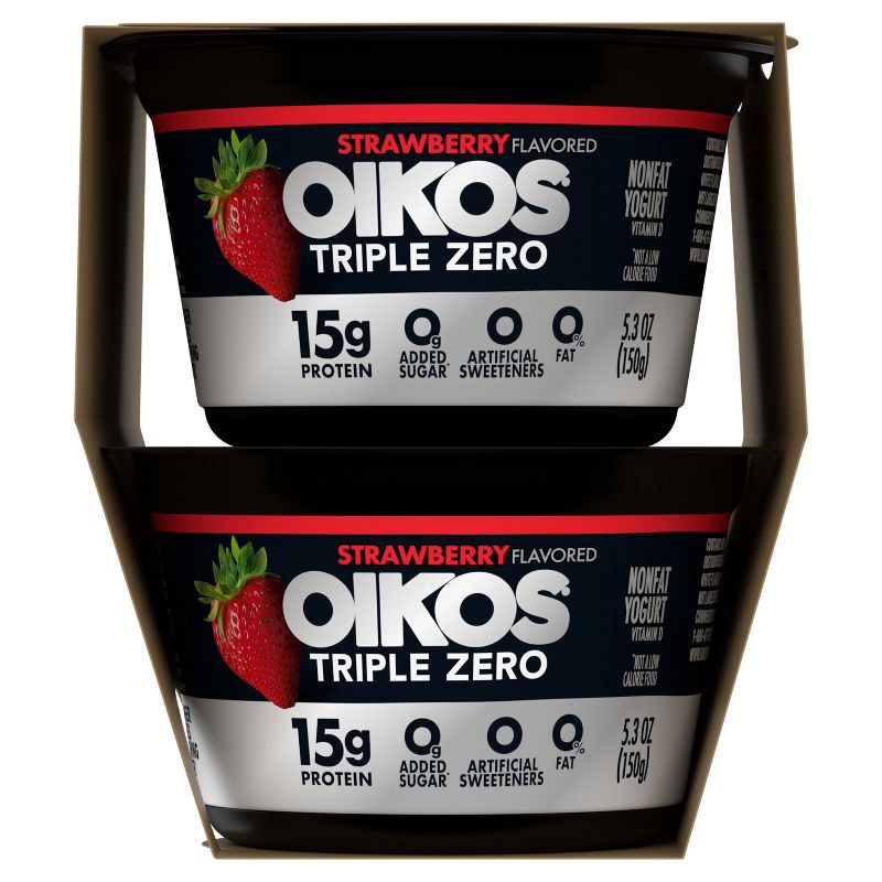 slide 13 of 13, Oikos Triple Zero Strawberry Greek Yogurt - 15g Protein 4ct/5.3oz Cups, 15 gram, 4 ct, 5.3 oz