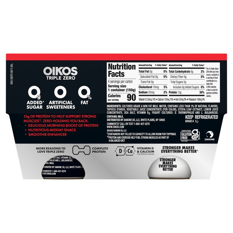 slide 18 of 20, Oikos Triple Zero Strawberry Greek Yogurt - 15g Protein 4ct/5.3oz Cups, 15 gram, 4 ct, 5.3 oz