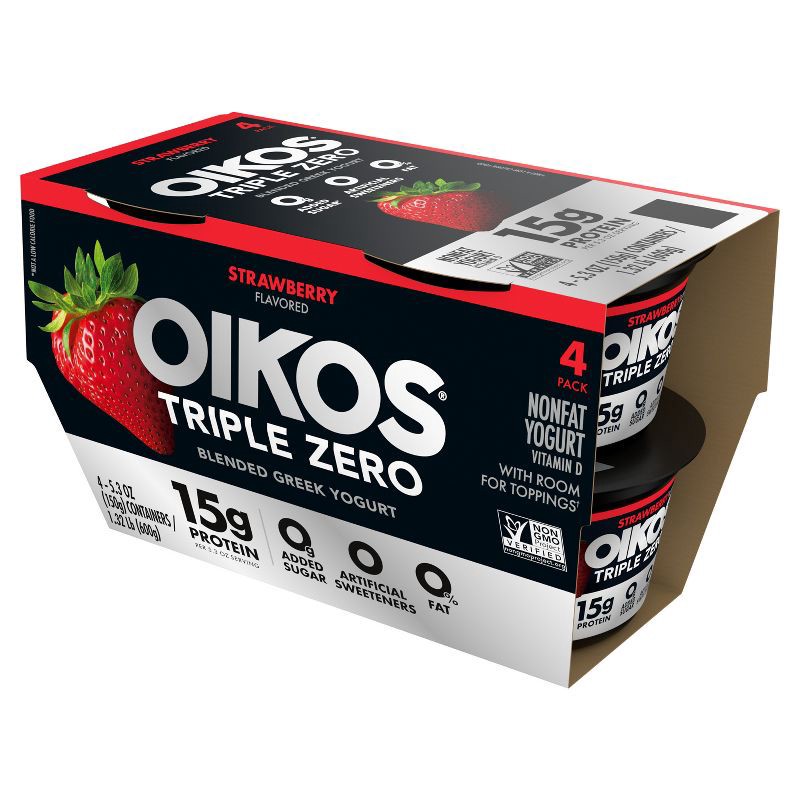 slide 6 of 11, Oikos Triple Zero Strawberry Greek Yogurt - 4ct/5.3oz Cups, 4 ct; 5.3 oz