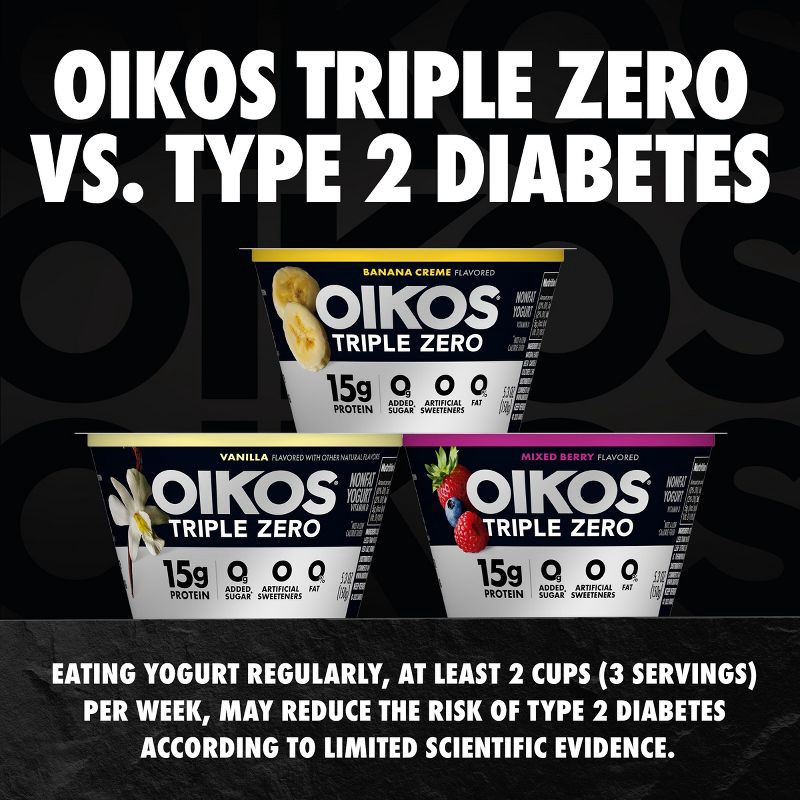 slide 6 of 13, Oikos Triple Zero Strawberry Greek Yogurt - 15g Protein 4ct/5.3oz Cups, 15 gram, 4 ct, 5.3 oz
