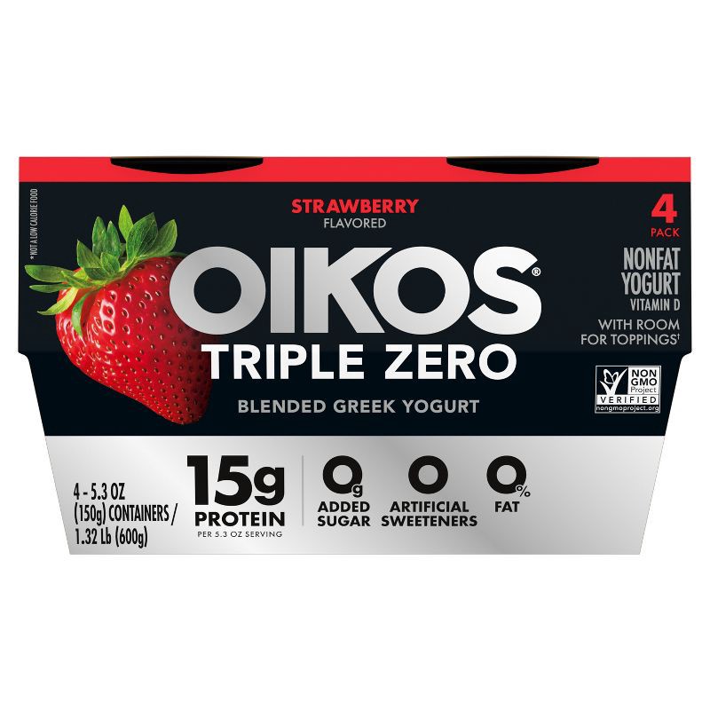 slide 7 of 11, Oikos Triple Zero Strawberry Greek Yogurt - 4ct/5.3oz Cups, 4 ct; 5.3 oz