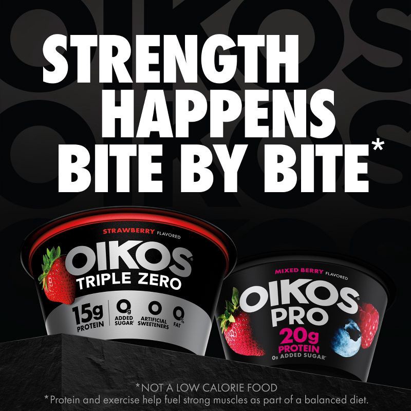 slide 8 of 13, Oikos Triple Zero Strawberry Greek Yogurt - 15g Protein 4ct/5.3oz Cups, 15 gram, 4 ct, 5.3 oz